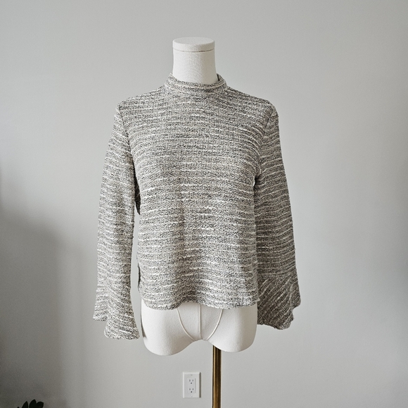 Zara woman Gray Knit Sweater m bell sleeve tweed mock neck - Picture 1 of 6